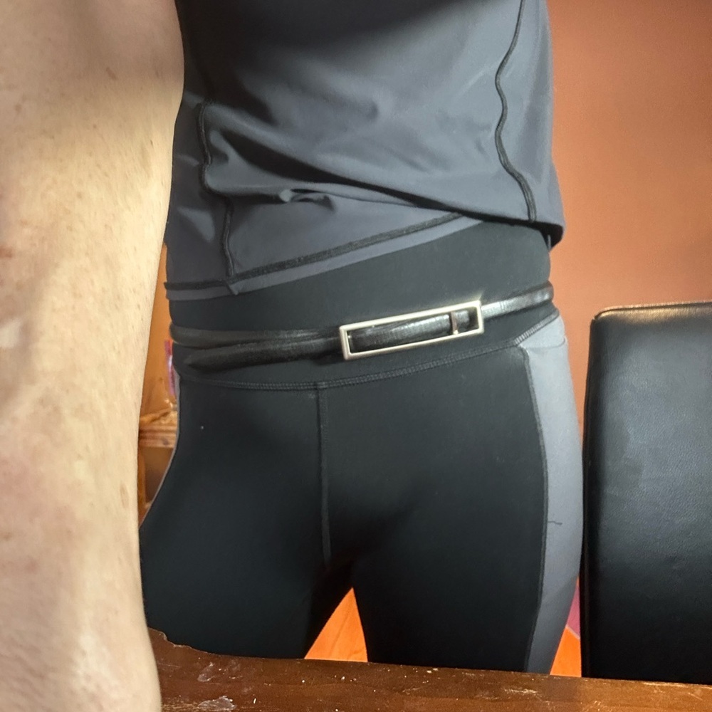 Skinny Mcm/Strenesse Black Leather Belt w Brushed Steel Buckle